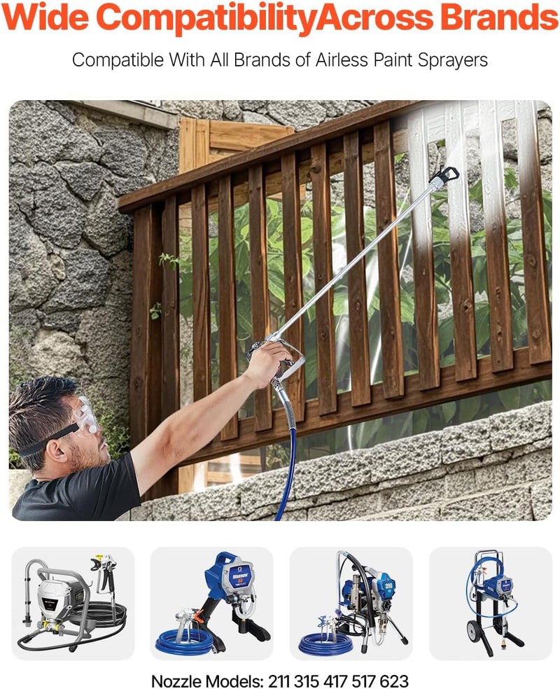 VEVOR Airless Paint Spray Gun and Hose Kit, 3600PSI High Pressure Paint Sprayer Hose Set with 5 Tips, 211, 315, 417, 517, 623, Swivel Joint Airless Spray Gun Kit with Filters, Hose and Extension Rods - Image 2